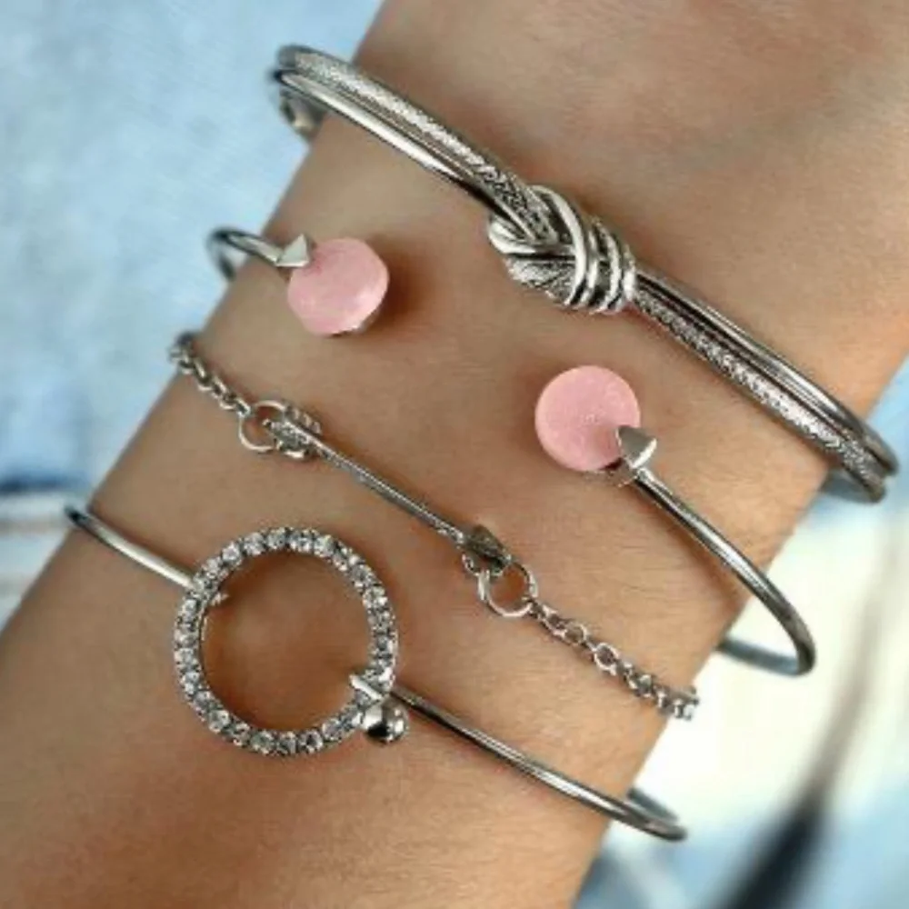 Layered Silver Metal Knotted Ring 4pc Bracelet Set - Picture 1 of 2